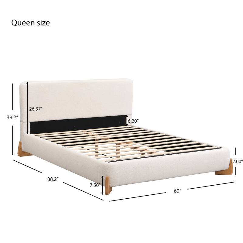 Elegant White Boucle Upholstered Frame Platform Bed, Low Profile Grounded Bed with Solid Wood Feet, Wood Slats and Support Legs