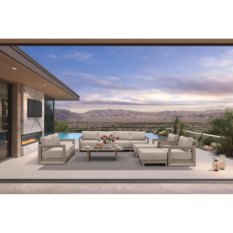 PURPLE LEAF Caesar Khaki Sofas Sectionals 4-18 Piece with 9.6" Thick Cushion for Yard Porch Deck Outdoor Patio Conversation Sets - 8 Seats+2 Ottomans+1 Table - Open-End