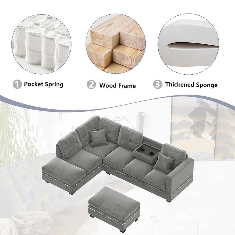 105 inch Reversible Sectional Sofa L shape Couch Space Saving with Storage Ottoman and Cup Holders Design