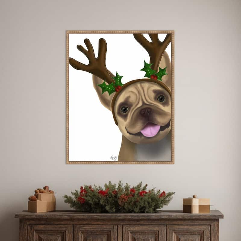 French Bulldog Antlers 2 by Fab Funky (23 x 28 in.), Framed Canvas Wall Art Print - Sylvie Beaded Rustic Natural