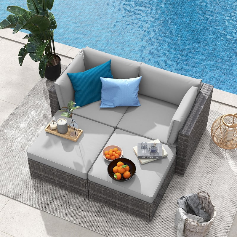 4-Piece Patio Sectional Sofa Wicker Furniture Set Outdoor daybed With Water resistant cushion - LightGrey