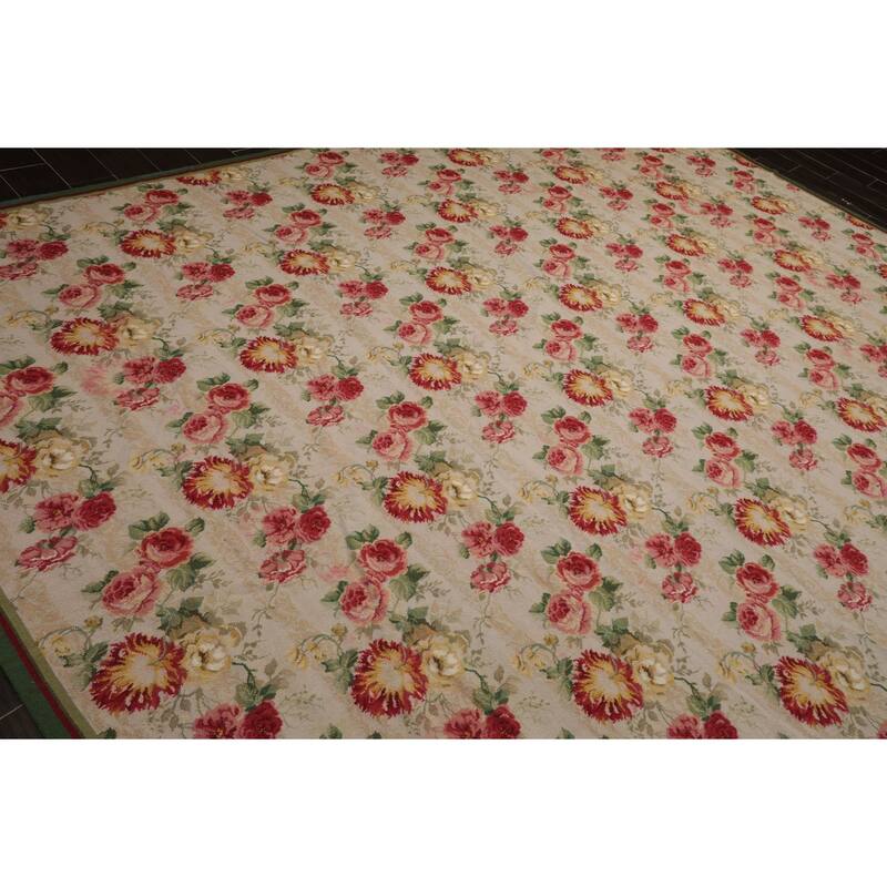 8'10''x11'11'' Hand Woven Wool Modern Floral Botanical Ivory French Aubusson Needlepoint Rug - 8' 10'' x 11' 11''