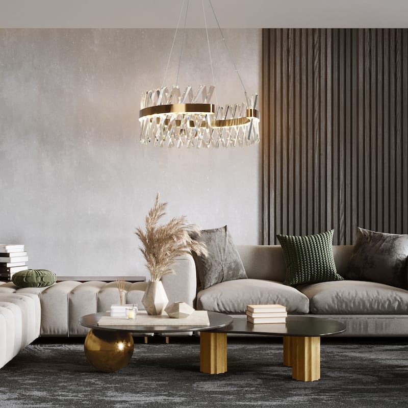 Modern 2-Light LED Crystal Chandelier Gold Luxury Drum Light for Dining Living Room - D23.2" x H9.4"