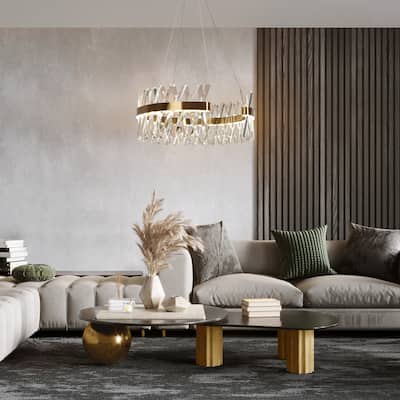 Modern 2-Light LED Crystal Chandelier Gold Luxury Drum Light for Dining Living Room - D23.2" x H9.4"