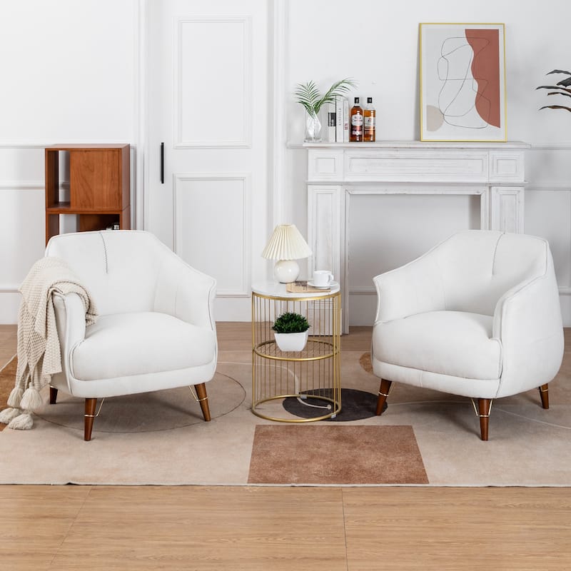 XINMICS Mid-Century Modern Accent Chair, Tufted Upholstered Armchair for Living Room, Bedroom, Set of 2 - White