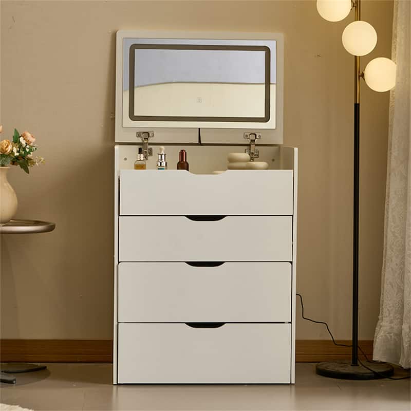 3-in-1 Small Vanity Desk with 3-color Lighting Mirror, Visible Glass Tabletop and Storage Bench