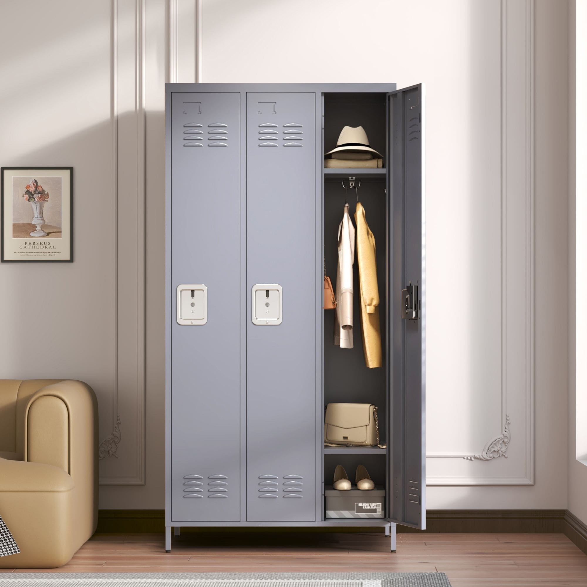 3-Door 72 Inch Metal Storage Locker with Lock