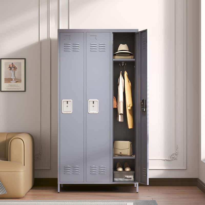 3-Door 72 Inch Metal Storage Locker with Lock - Grey