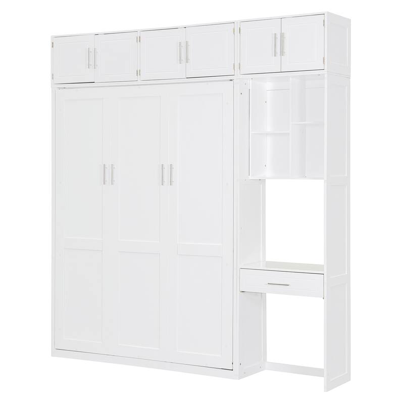 Full Size Murphy Bed with Built-In Desk and Storage with 3 Top Cabinets, Shelves and Workspace