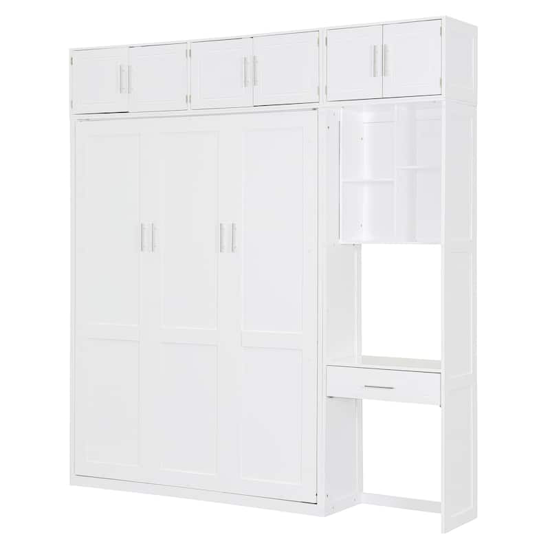 White Full Size Murphy Bed with Built-In Desk, Storage Shelves, and Top Cabinets, Space-Saving Design