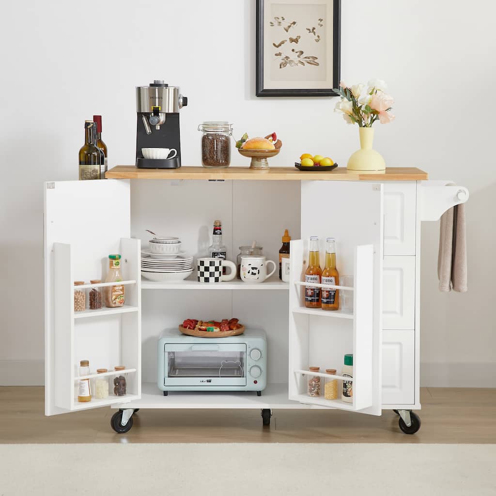 Kitchen Island with Drop Leaf Countertop, Rolling Kitchen Island cart ,Kitchen Island Table with Storage Cabinet and Tower Rack