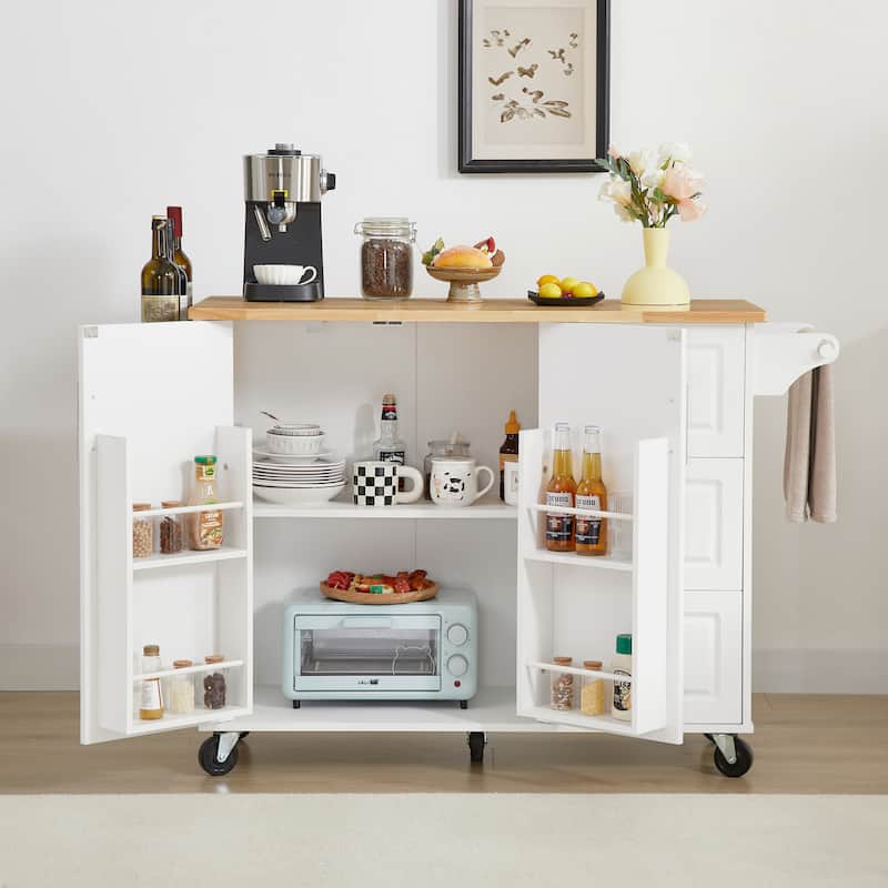 Kitchen Island with Drop Leaf Countertop and Rolling Cart - White