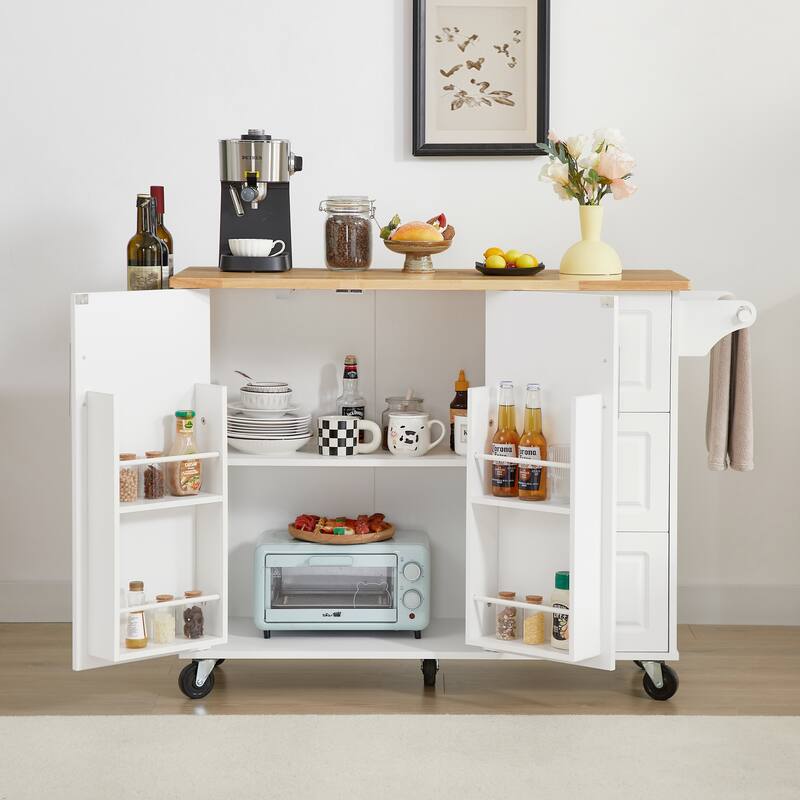 Kitchen Island with Storage, Rolling Kitchen Island Cart On Wheels 2 Cabinets 2 Drawers, Spice Towel Rack Mobile Kitchen Table - White