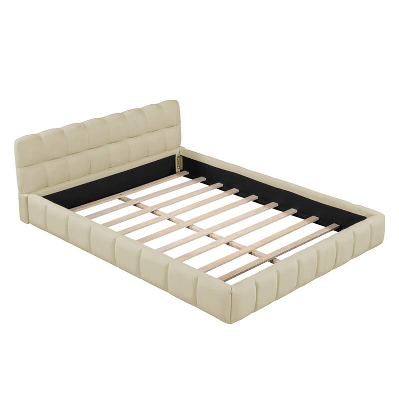 Queen Size Grounded Bed Upholstered Platform Bed Frame Solid Wood Slat Support, Thick Fabric Frame Futon Headboard