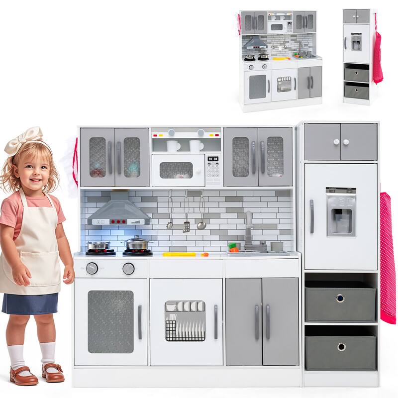 Gymax Wooden Kitchen Playset w/ Lights Sounds Interactive Features