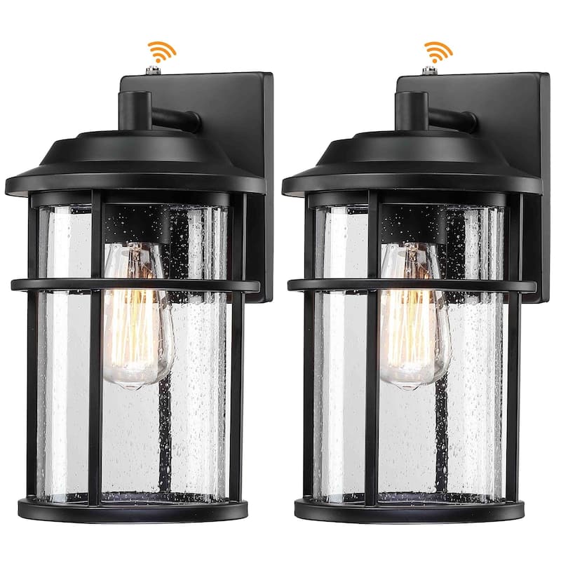 2 Pack 1-Light Black Outdoor Dusk to Dawn Light Cylinder Seeded Glass Shade - 2-Pack