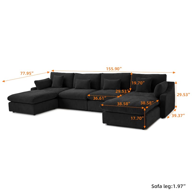 Minimalist Linen Sectional Sofa Down Filled Cloud Couch, U-Shape Deep Seat Couch with Cushions