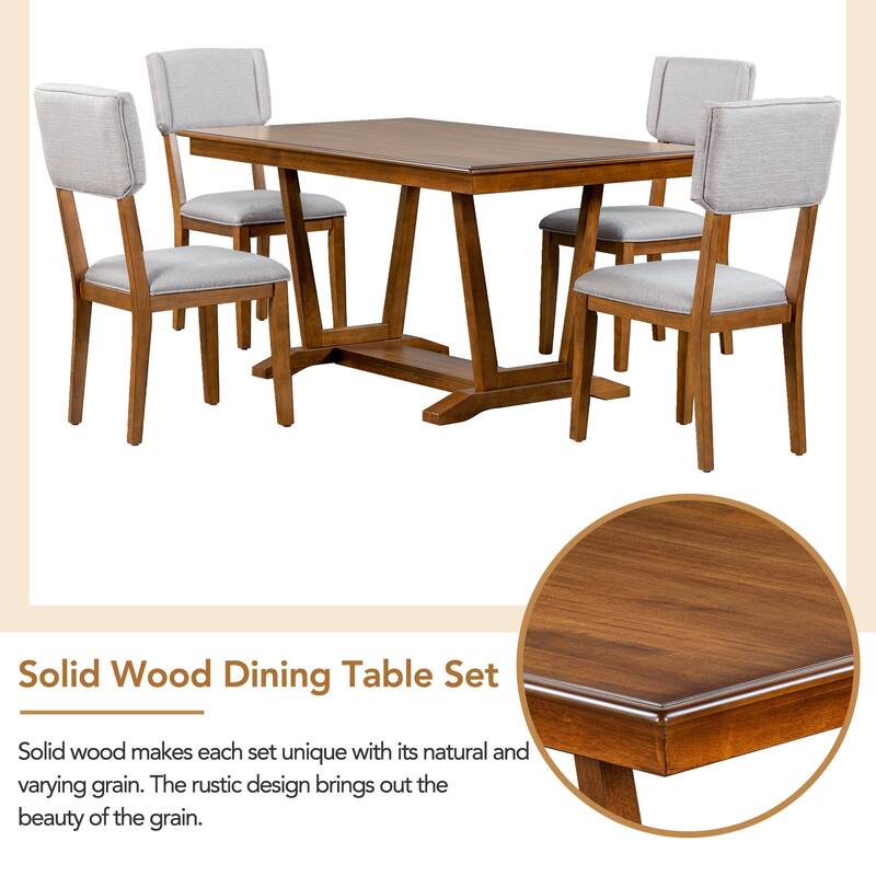 5 Pcs Wood Dining Set, Kitchen Table and Chair Set with Rectangular Table, Trestle Table Base and 4 Upholstered Chairs聽