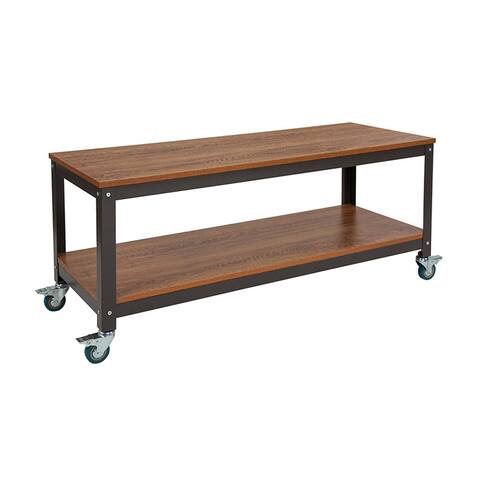 Offex Industrial Style TV Stand in Brown Oak Wood Grain Finish with Metal Wheels - n/a