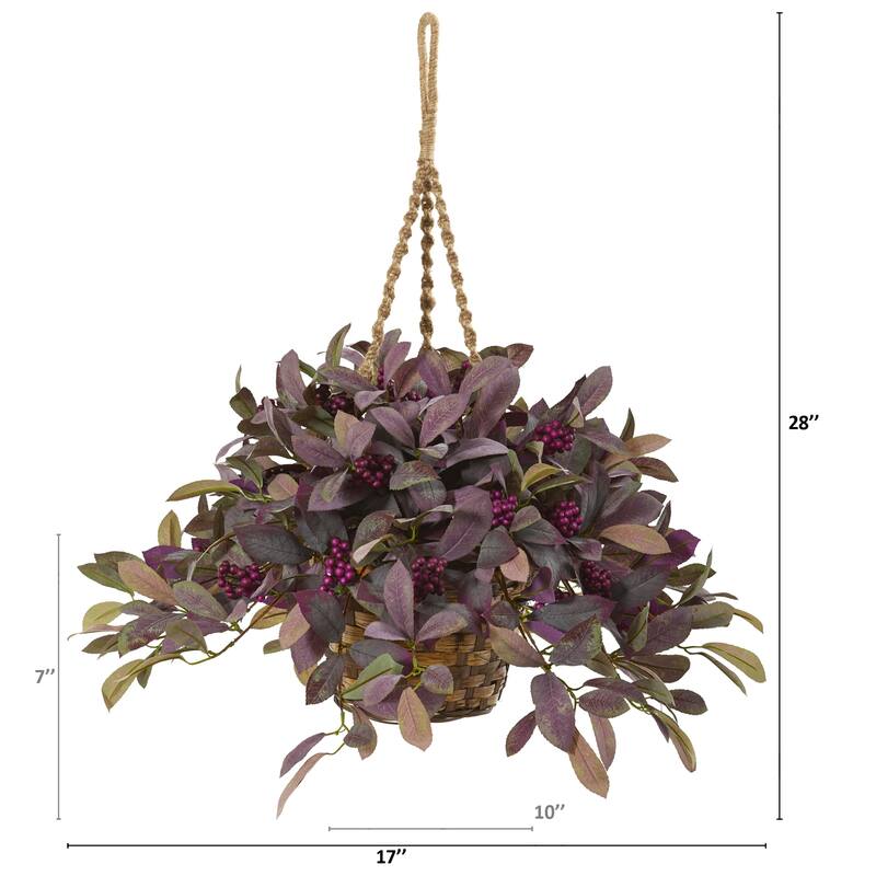 Fall Laurel Artificial Plant 28" - Autumn Hanging Basket Decor, Realistic Foliage, Indoor Seasonal Display - Purple