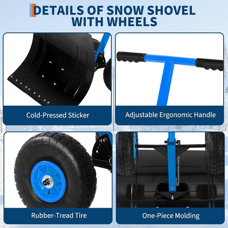 29.1 Wx 19.3 H Ergonomic T-Handle Heavy Duty Snow Shovel with Wheels for Driveway, Sidewalk