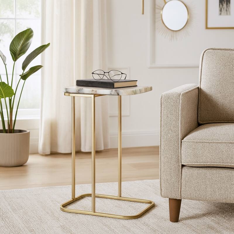 Modern Small Accent Table -Stone Top and Iron Base - 24", Gold & White - 24.0"