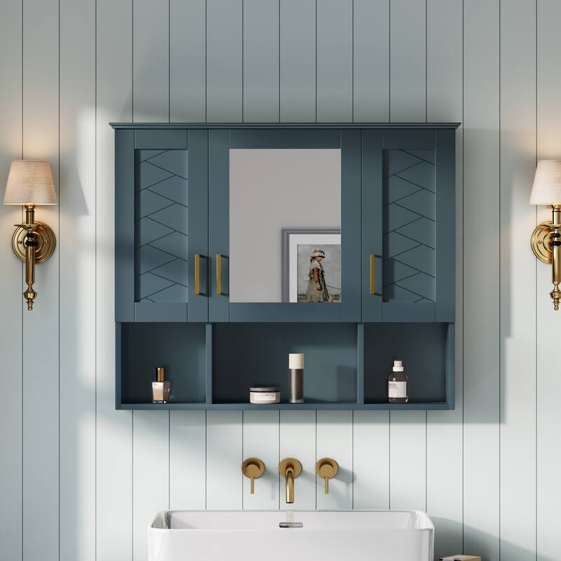 Roomfitters 35 Inch 2-in-1 Wall Mount Medicine Cabinet, Mirror Storage with Adjustable Shelves & Soft Close - Blue