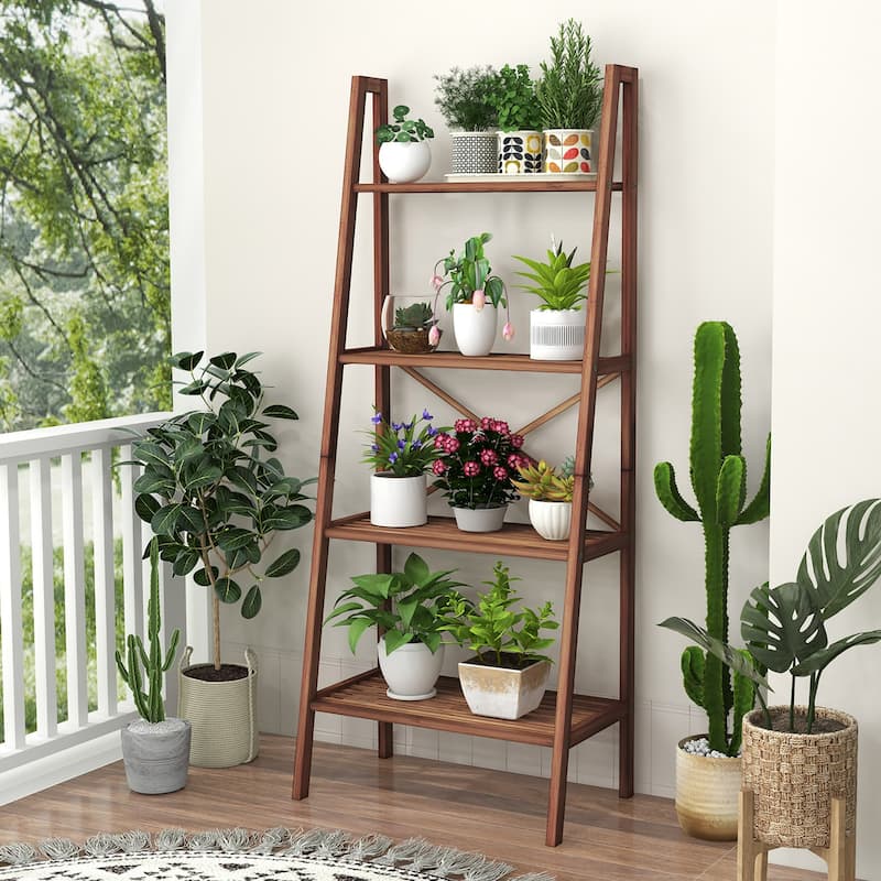 Gymax 2 PCS 4-Tier Bamboo Ladder Bookshelf 58'' Display Shelf Storage