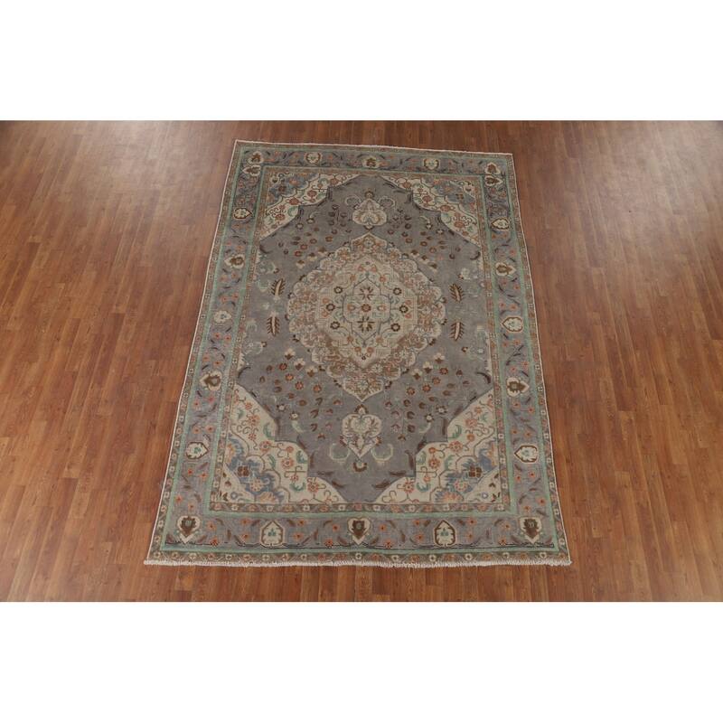 Distressed Grey Tabriz Vintage Persian Rug Hand-Knotted Wool Carpet - 6'7" x 9'4"
