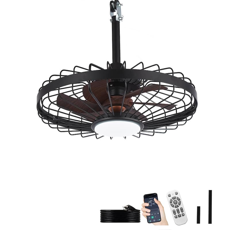 Outdoor Ceiling Fan with Light: 20 Inch Waterproof Gazebo Hanging - Plug in Remote App Control Caged Fans - 6 Speed Black - Brown