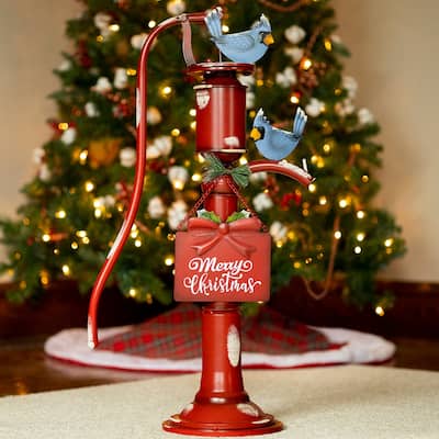 Old Style Red Iron Water Pump with Sign and Birds