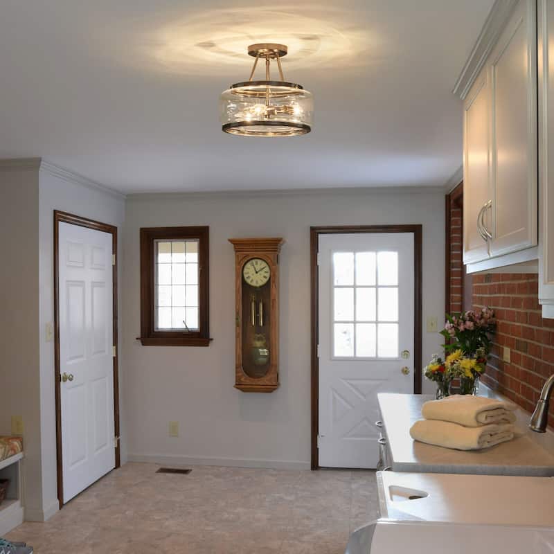 3-Light Industrial-style Black Lantern Glass Semi Flush Mount