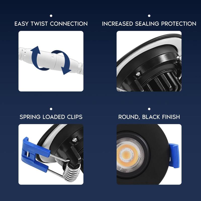 LUXRITE 2 Inch Gimbal LED Recessed Lighting J-Box CRI90 5W 5CCT Dimmable 400 Lumens Black - 2700/3000/3500/4000/5000