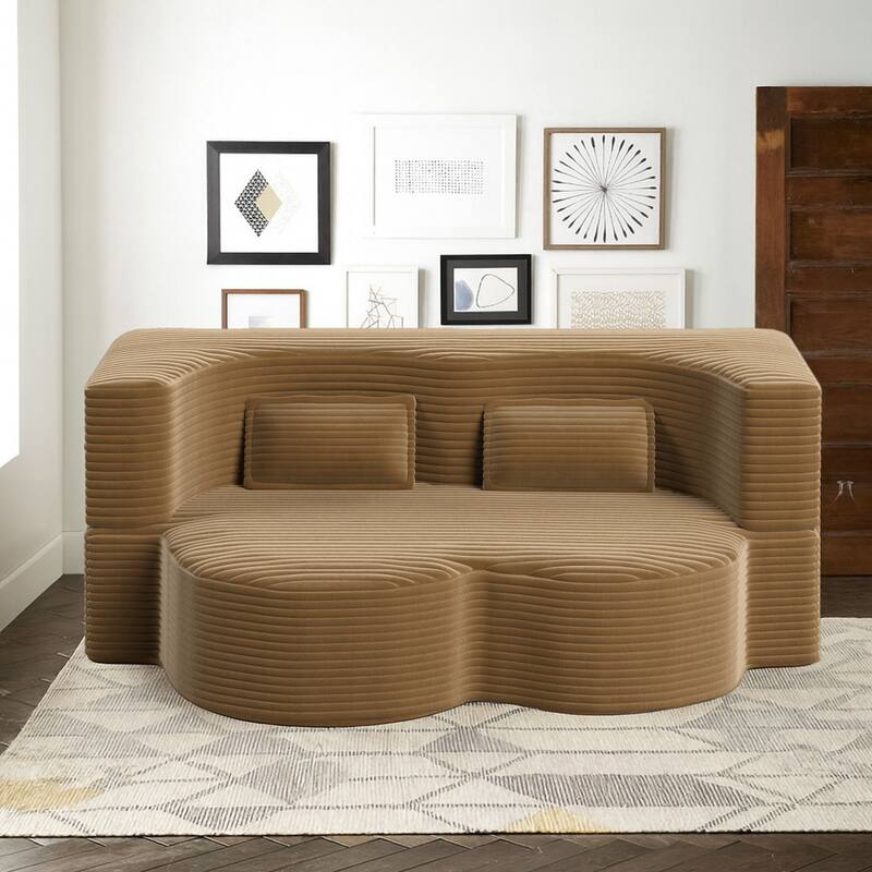 Modern Minimalist Compressed Upholstered Convertible Two-Seater Sofa Bed with 2 Pillows - Camel Corduroy