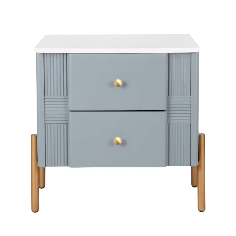 Modern Nightstand with 2 Storage Drawer, Fluted Bedside Table with Golden Metal Handles and Legs