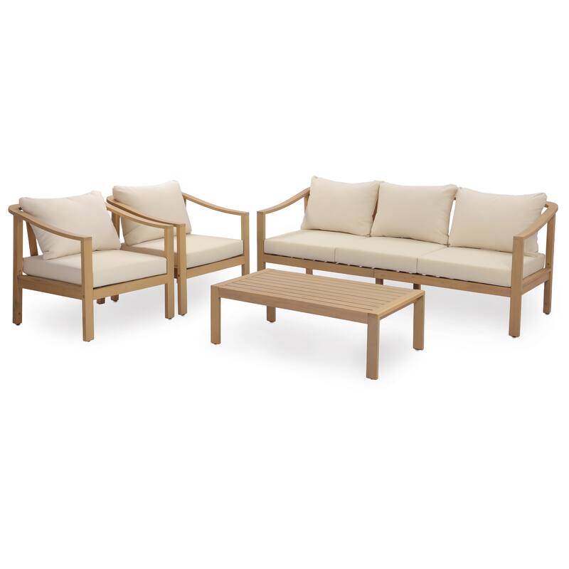 Christopher Knight Home - Elva 5-Piece Outdoor Acacia Wood Patio Conversation Set with Slatted Coffee Table & Cushions