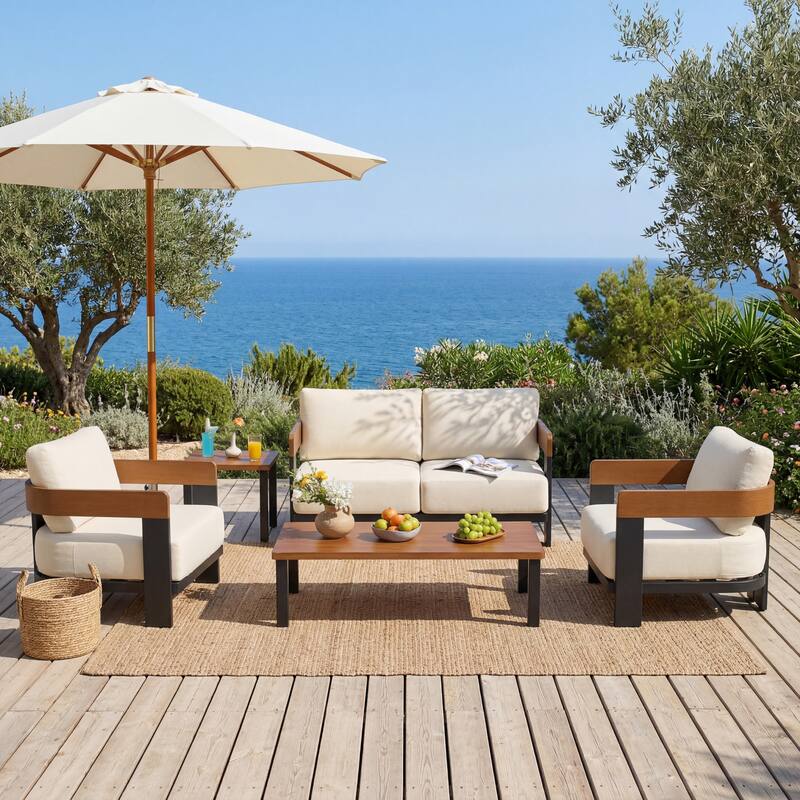 5-Piece Outdoor Patio Sofa Set with Coffee Table & Side Table - Beige