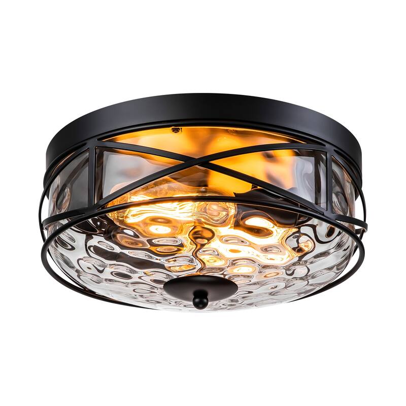 2-Light Mid-Century Modern Vintage Round Dome Water Rippled Clear Glass Cage Flush Mount Ceiling Light