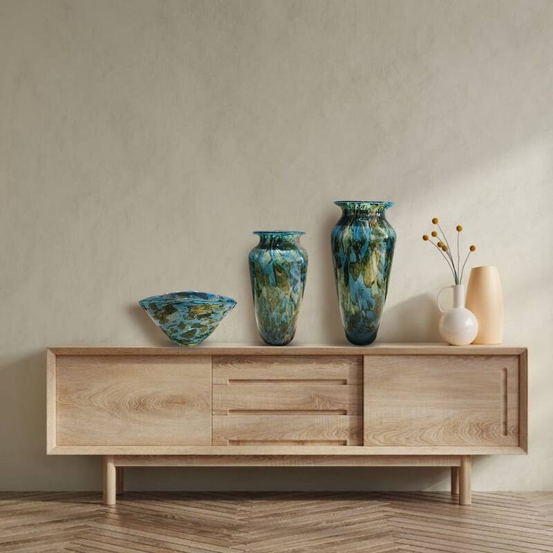 Set of Three Teal and Olive Green Handblown Glass Bowl and Two Vases