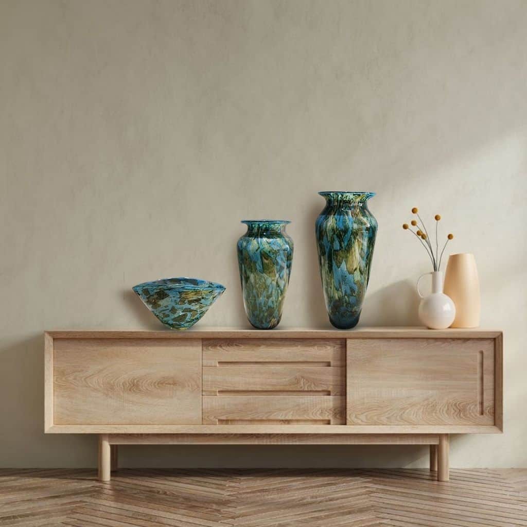 Set of Three Teal and Olive Green Handblown Glass Bowl and Two Vases