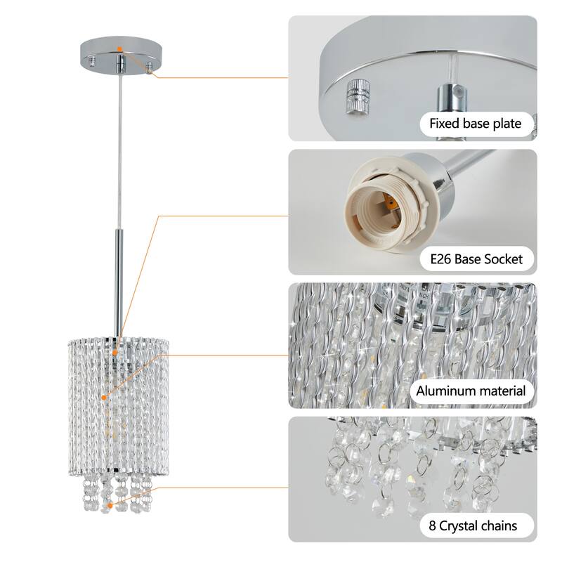 5" Modern Crystal Pendant Light 3-Pack Adjustable Chrome Hanging Ceiling Fixture with Clear Beads, Elegant Design (No Bulbs)