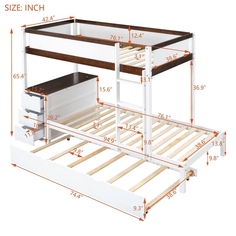 Twin-Over-Twin Bunk Bed with Trundle, Storage, and Desk, Space-Saving Design, USB Ports, Ideal for Overnight Guests
