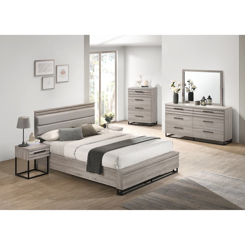 Roundhill Furniture Alvear Upholstered Wood Panel Bed, Dresser, Mirror, 2 Nightstands, and Chest, Weathered Gray