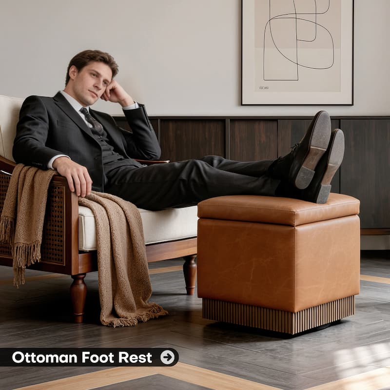 Swivel Storage Ottoman Bench Footstool with Flip-top and Acacia Frame