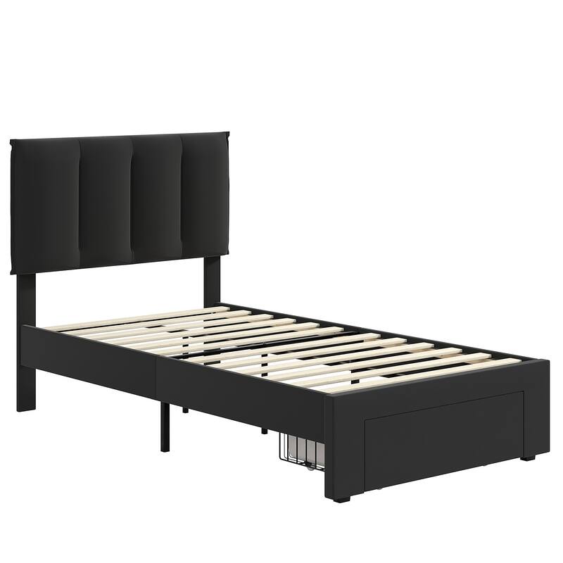 VECELO Set of 2 Kids Bed Frame with Storage Drawer Height Adjustable Upholstered Bed Twin Size Bed