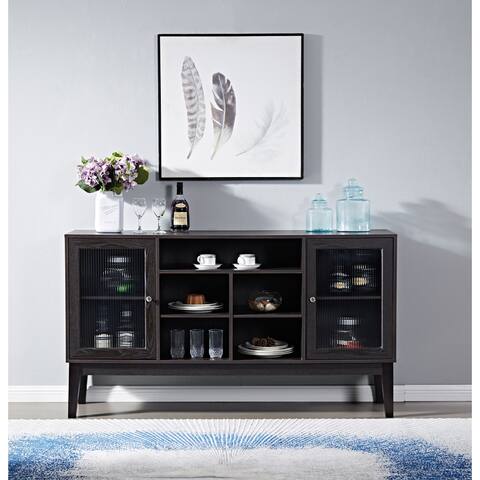 Modern Buffet Cabinet Glass Doors Cabinets MDF Panel Locker with 4 Doors & Solid Wood Legs