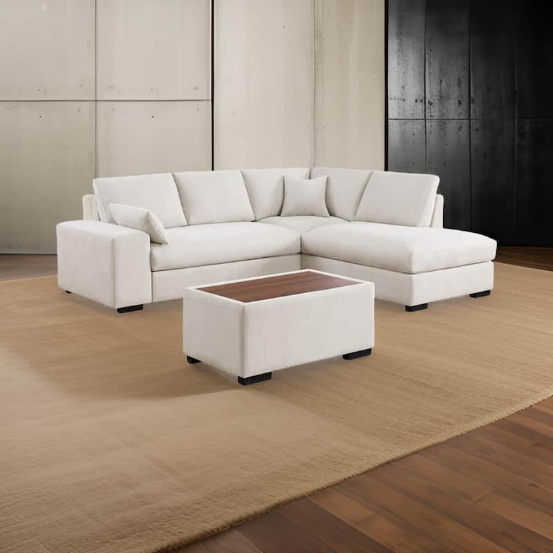 Eri 100 Inch Sectional Sofa, Right Facing Chaise, Ottoman, Pillows, Beige