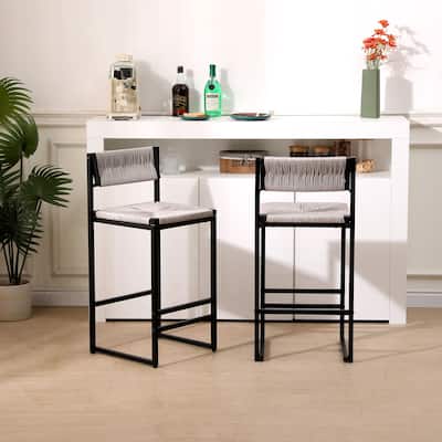Gray Set of 2 Hand Weave Bar Stools with Back Counter Height Bar Chairs Paper Rope Woven Dining Stool for Kitchen, Home & Office