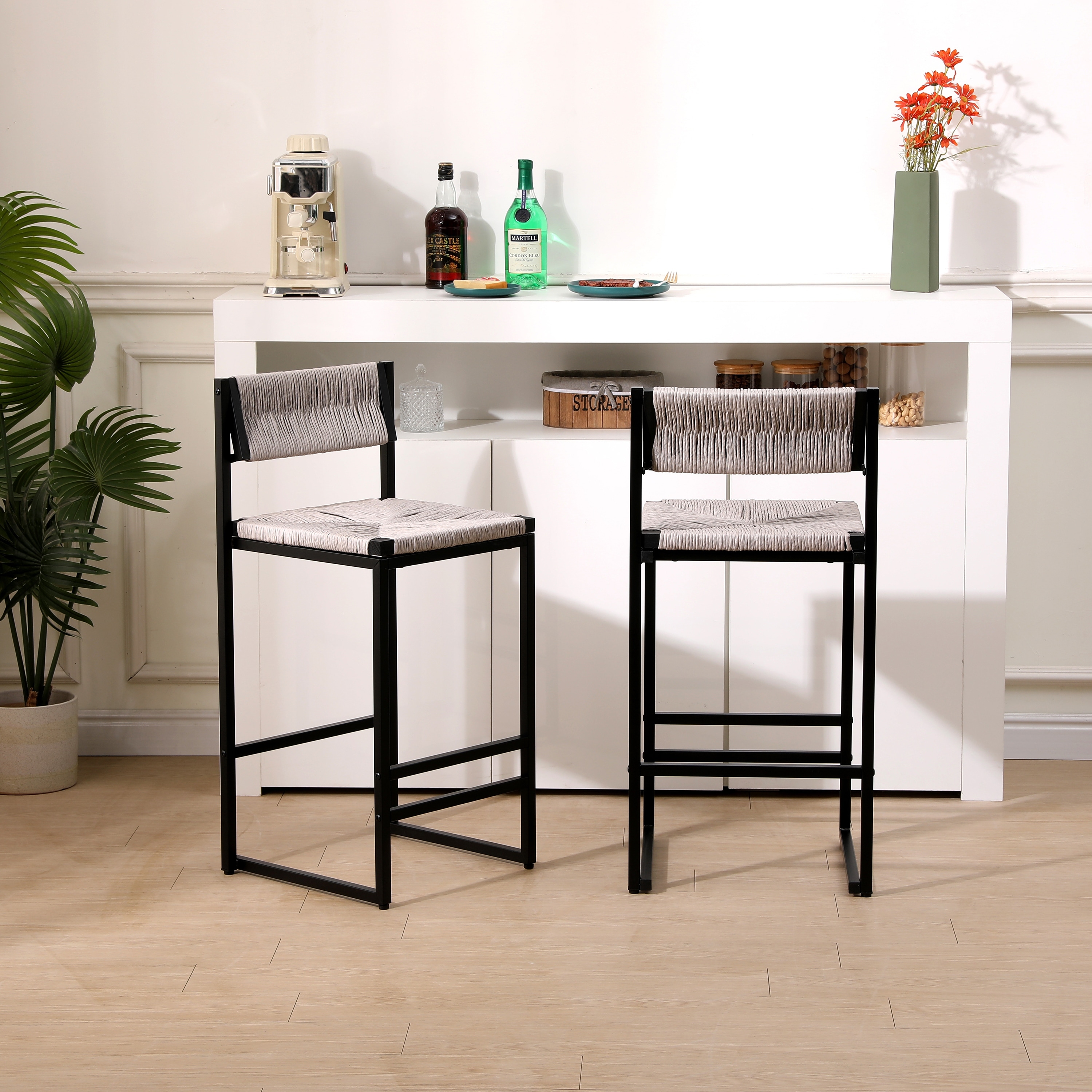 Paper Rope Weave Bar Stools Set of 2 with Back for Bar Counter Grey