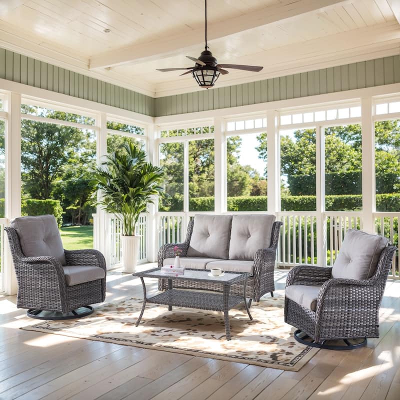 Outdoor Glider Sofa Funitre Set - Grey Rattan - Grey Cushion - 4PCS Sofa with Swivel Chair
